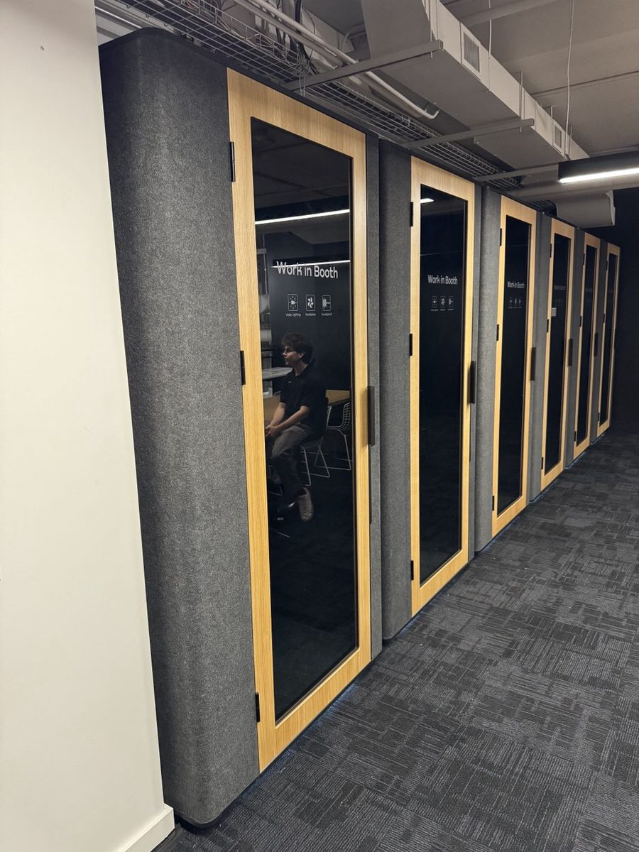 Office phone booths reinstalled after an office move in downtown Toronto